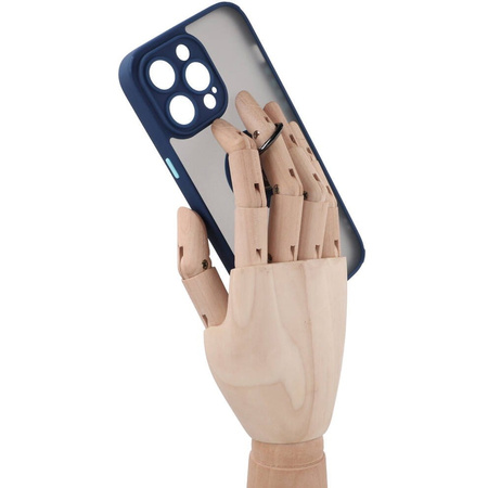 Etui z uchwytem na palec Bizon Case Hybrid Ring do iPhone 14 Pro Max, przydymione z granatową ramką