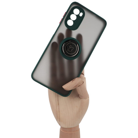 Etui z uchwytem na palec Bizon Case Hybrid Ring do Motorola Moto G52 / G82, przydymione z ciemnozieloną ramką
