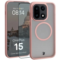 Etui z pierścieniem magnetycznym + szkło hartowane Bizon MatteO Pack do OnePlus 15, przydymione-jasnoróżowe