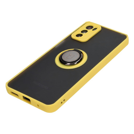 Etui z uchwytem na palec Bizon Case Hybrid Ring do Motorola Moto G42 , przydymione z żółtą ramką