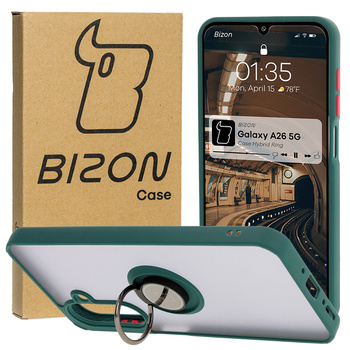 Etui z uchwytem na palec Bizon Case Hybrid Ring do Galaxy A26 5G, przydymione z ciemnozieloną ramką