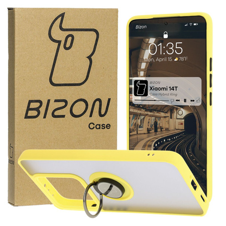 Etui z uchwytem na palec Bizon Case Hybrid Ring do Xiaomi 14T, przydymione z żółtą ramką