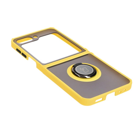 Etui z uchwytem na palec Bizon Case Hybrid Ring do Galaxy Z Flip5, przydymione z żółtą ramką