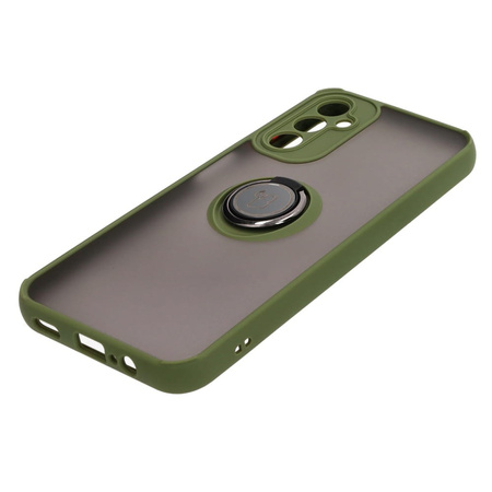 Etui z uchwytem na palec Bizon Case Hybrid Ring do Galaxy A14 4G / 5G, przydymione z zieloną ramką
