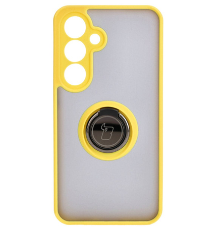 Etui z uchwytem na palec Bizon Case Hybrid Ring do Galaxy S25 / S24, przydymione z żółtą ramką
