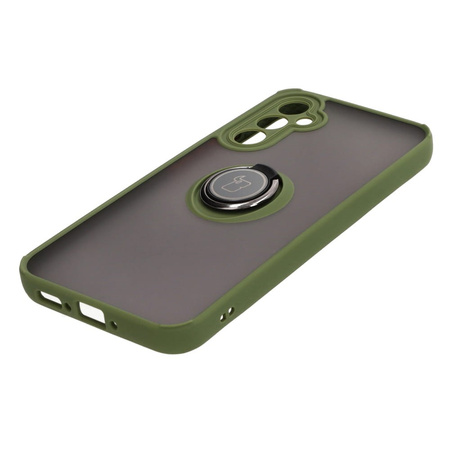 Etui z uchwytem na palec Bizon Case Hybrid Ring do Galaxy A34 5G, przydymione z zieloną ramką