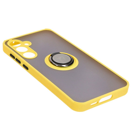 Etui z uchwytem na palec Bizon Case Hybrid Ring do Galaxy A55 5G, przydymione z żółtą ramką