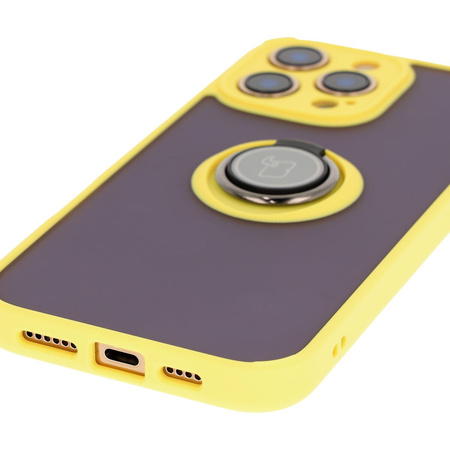 Etui z uchwytem na palec Bizon Case Hybrid Ring do iPhone 16 Pro Max, przydymione z żółtą ramką