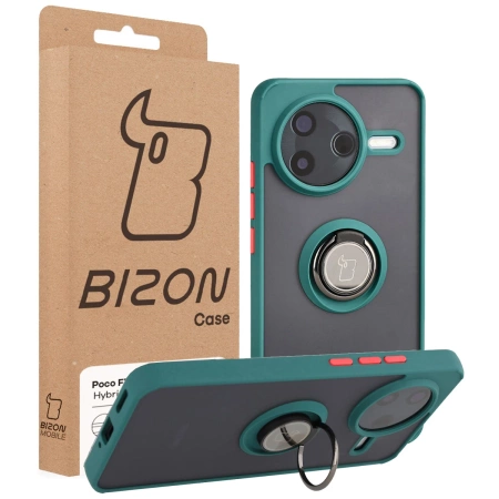 Etui z uchwytem na palec Bizon Case Hybrid Ring do Xiaomi POCO F7 Pro, przydymione z ciemnozieloną ramką