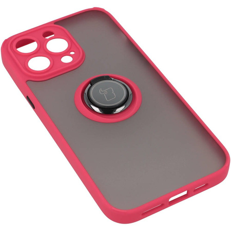Etui z uchwytem na palec Bizon Case Hybrid Ring do iPhone 14 Pro Max, przydymione z czerwoną ramką