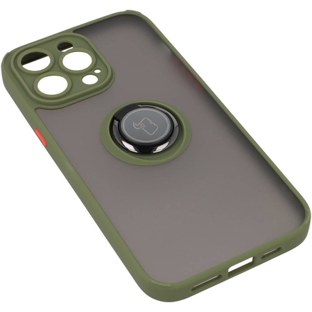 Etui z uchwytem na palec Bizon Case Hybrid Ring do iPhone 14 Pro Max, przydymione z zieloną ramką