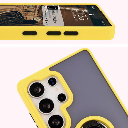 Etui z uchwytem na palec Bizon Case Hybrid Ring do Galaxy S25 Ultra, przydymione z żółtą ramką
