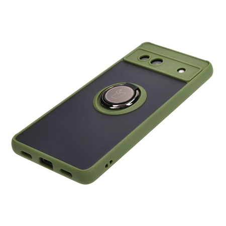 Etui z uchwytem na palec Bizon Case Hybrid Ring do Google Pixel 7A, przydymione z zieloną ramką