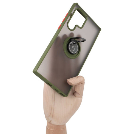 Etui z uchwytem na palec Bizon Case Hybrid Ring do Galaxy S22 Ultra, przydymione z zieloną ramką