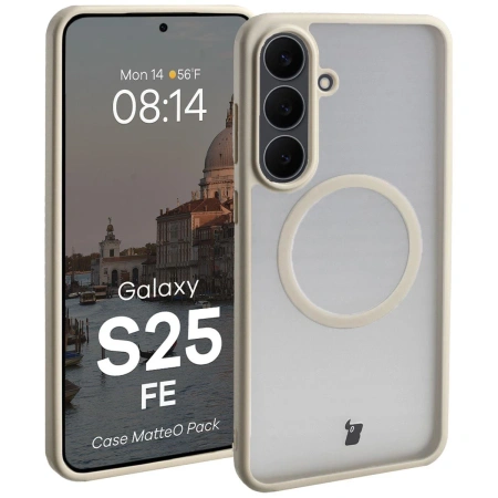 Etui z pierścieniem magnetycznym + szkło hartowane Bizon MatteO Pack do Galaxy S25 FE, przydymione-beżowe