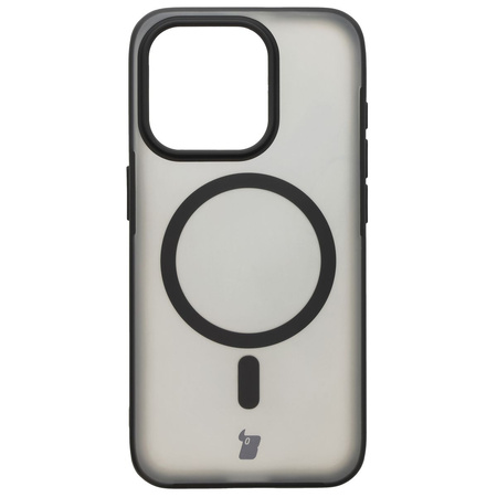 Etui z pierścieniem magnetycznym Bizon Case MatteO do iPhone 15 Pro, półprzezroczyste z czarną ramką