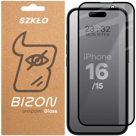Prywatyzujące szkło hartowane Bizon Glass Edge Shadow do iPhone 16/15, przyciemniane z czarną ramką