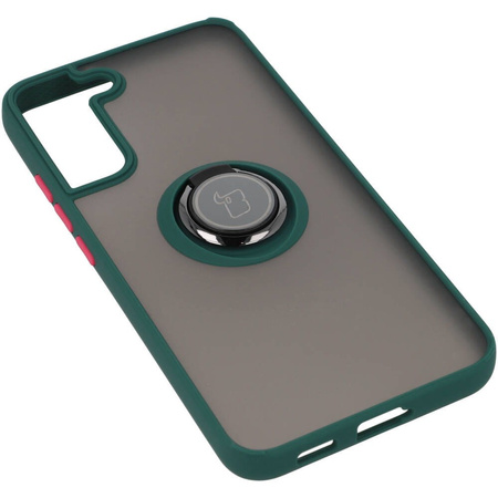 Etui z uchwytem na palec Bizon Case Hybrid Ring do Galaxy S22 Plus, przydymione z ciemnozieloną ramką