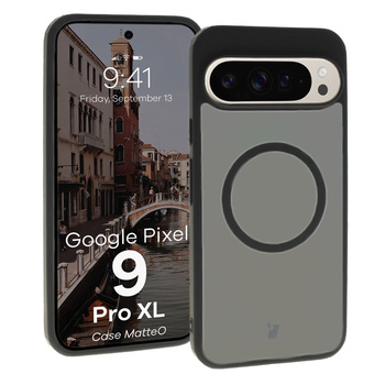 Etui z pierścieniem magnetycznym Bizon Case MatteO do Google Pixel 9 Pro XL, półprzezroczyste z czarną ramką