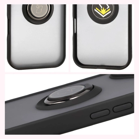 Etui z uchwytem na palec Bizon Case Hybrid Ring do iPhone 17, przydymione z czarną ramką