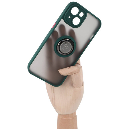 Etui z uchwytem na palec Bizon Case Hybrid Ring do iPhone 14, przydymione z ciemnozieloną ramką