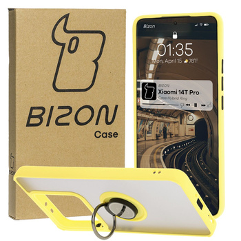 Etui z uchwytem na palec Bizon Case Hybrid Ring do Xiaomi 14T Pro, przydymione z żółtą ramką