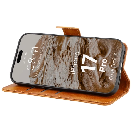 Etui z klapką Bizon Case Pocket do iPhone 17 Pro, brązowe
