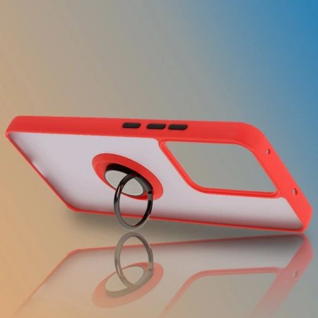 Etui z uchwytem na palec Bizon Case Hybrid Ring do Realme 14 5G / 14T 5G, przydymione z czerwoną ramką