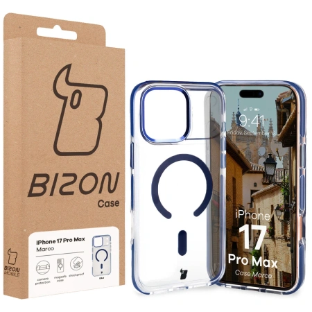 Etui z pierścieniem magnetycznym Bizon Case Marco do iPhone 17 Pro Max, przezroczyste z niebieską ramką