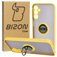 Etui z uchwytem na palec Bizon Case Hybrid Ring do Galaxy M14 5G, przydymione z żółtą ramką