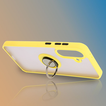 Etui z uchwytem na palec Bizon Case Hybrid Ring do Galaxy A36 5G / A56 5G, przydymione z żółtą ramką
