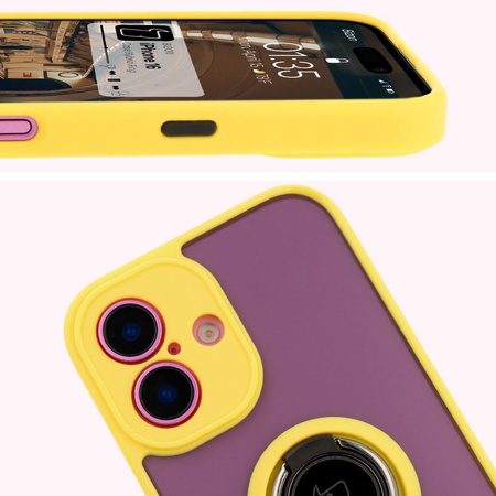 Etui z uchwytem na palec Bizon Case Hybrid Ring do iPhone 16, przydymione z żółtą ramką