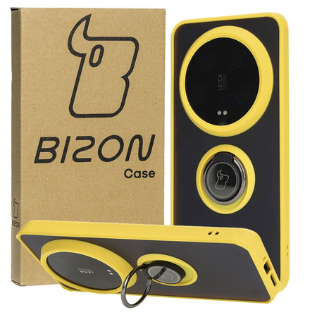 Etui z uchwytem na palec Bizon Case Hybrid Ring do Xiaomi 14 Ultra, przydymione z żółtą ramką