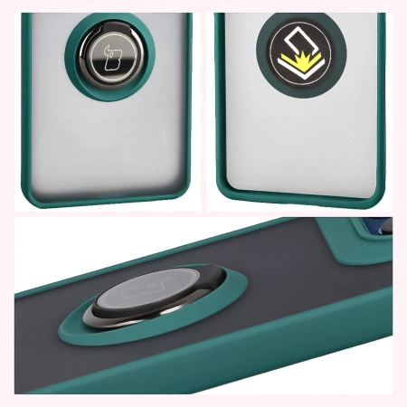 Etui z uchwytem na palec Bizon Case Hybrid Ring do Google Pixel 10 / 10 Pro, przydymione z ciemnozieloną ramką