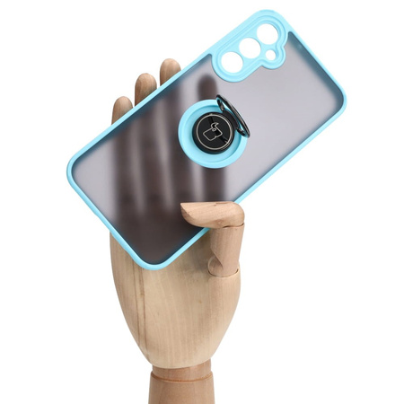 Etui z uchwytem na palec Bizon Case Hybrid Ring do Galaxy A24 4G, przydymione z jasnoniebieską ramką