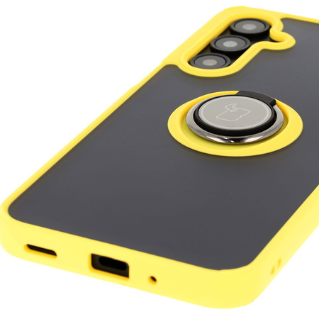 Etui z uchwytem na palec Bizon Case Hybrid Ring do Galaxy A16 4G/5G, przydymione z żółtą ramką