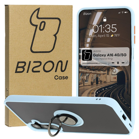 Etui z uchwytem na palec Bizon Case Hybrid Ring do Galaxy A16 4G/5G, przydymione z jasnoniebieską ramką