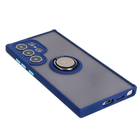 Etui z uchwytem na palec Bizon Case Hybrid Ring do Galaxy S24 Ultra, przydymione z granatową ramką