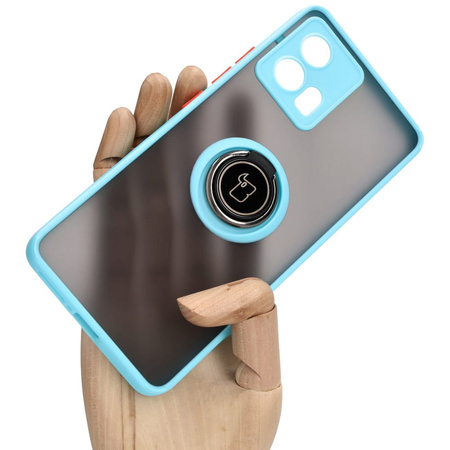 Etui z uchwytem na palec Bizon Case Hybrid Ring do Motorola Edge 30 Fusion, przydymione z jasnoniebieską ramką