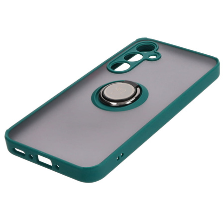 Etui z uchwytem na palec Bizon Case Hybrid Ring do Galaxy A35 5G, przydymione z ciemnozieloną ramką