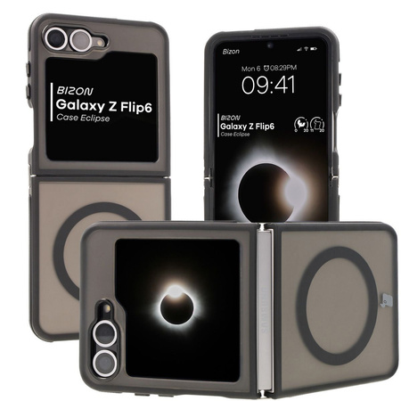 Etui z pierścieniem magnetycznym Bizon Case Eclipse do Galaxy Z Flip6, przydymione z czarną ramką