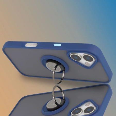 Etui z uchwytem na palec Bizon Case Hybrid Ring do iPhone 17, przydymione z granatową ramką