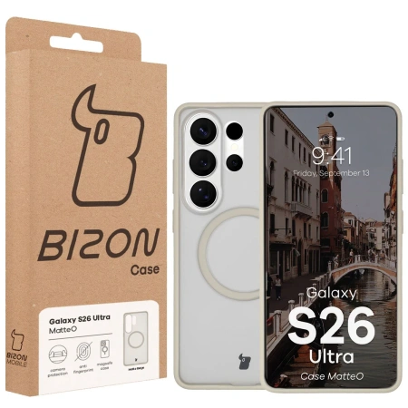 Etui z pierścieniem magnetycznym Bizon Case MatteO do Galaxy S26 Ultra, przydymione-beżowe