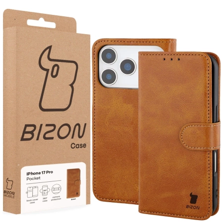 Etui z klapką Bizon Case Pocket do iPhone 17 Pro, brązowe