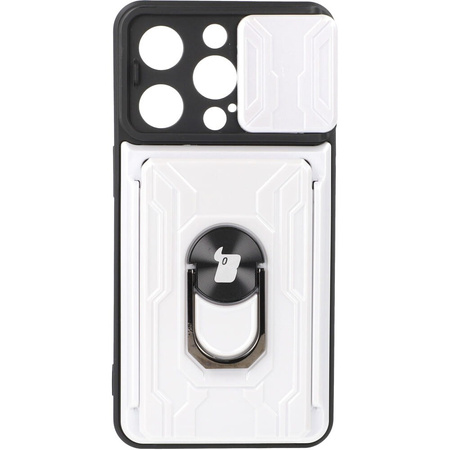 Etui Bizon Case Camshield Card Slot Ring do iPhone 14 Pro, białe