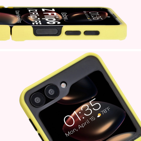Etui z uchwytem na palec Bizon Case Hybrid Ring do Galaxy Z Flip6, przydymione z żółtą ramką