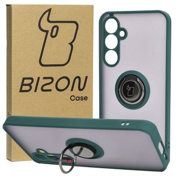 Etui z uchwytem na palec Bizon Case Hybrid Ring do Galaxy A55 5G, przydymione z ciemnozieloną ramką