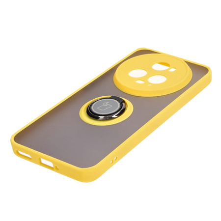 Etui z uchwytem na palec Bizon Case Hybrid Ring do Honor Magic5 Pro, przydymione z żółtą ramką