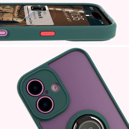 Etui z uchwytem na palec Bizon Case Hybrid Ring do iPhone 16, przydymione z ciemnozieloną ramką
