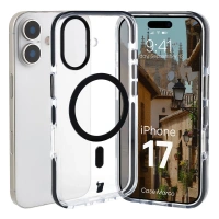 Etui z pierścieniem magnetycznym Bizon Case Marco do iPhone 17, przezroczyste z czarną ramką